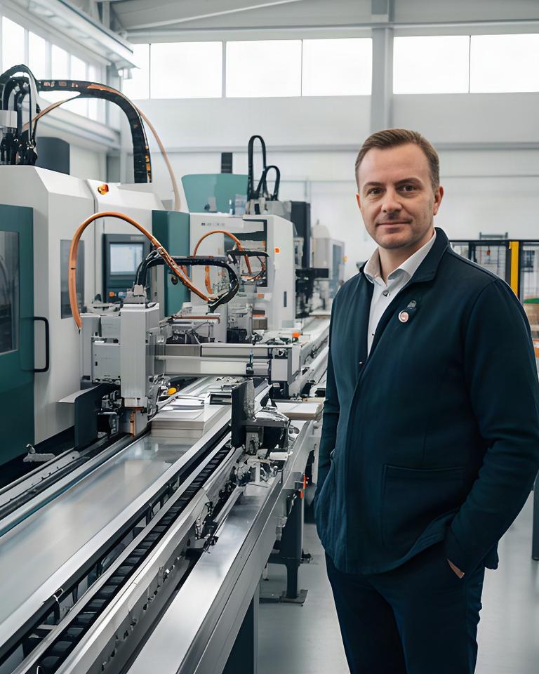 Directeur van een familiebedrijf in de maakindustrie naast een moderne productielijn