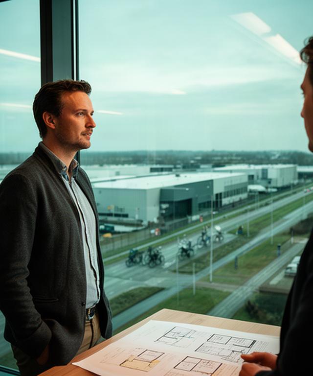 Ondernemer kijkt uit over een bedrijventerrein tijdens een werkbespreking
